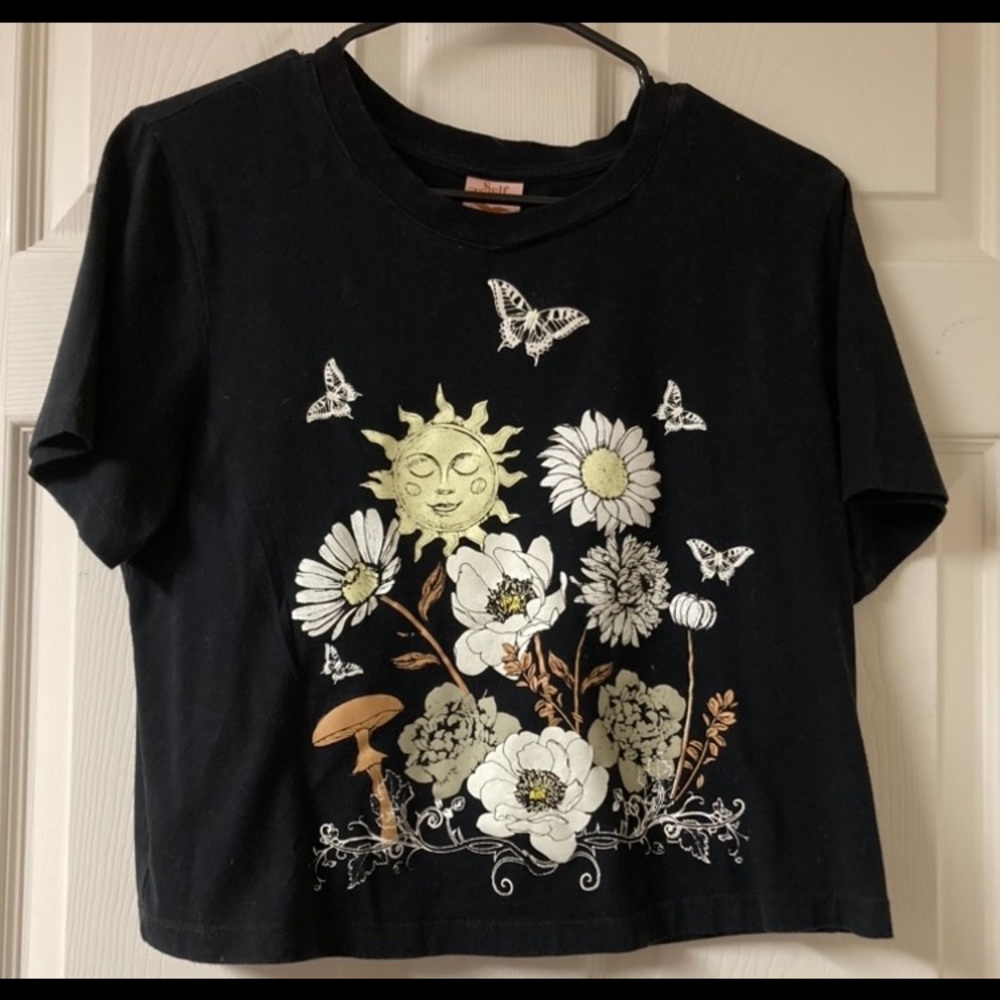 Crop top that says, enjoy the little things color black brand self esteem size m